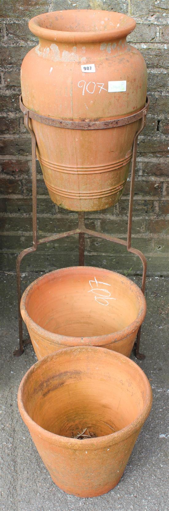 Pair of Victorian garden pots & terracotta urn on metal stand